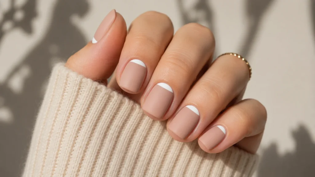 reverse french tip nails white moon manicure at cuticle