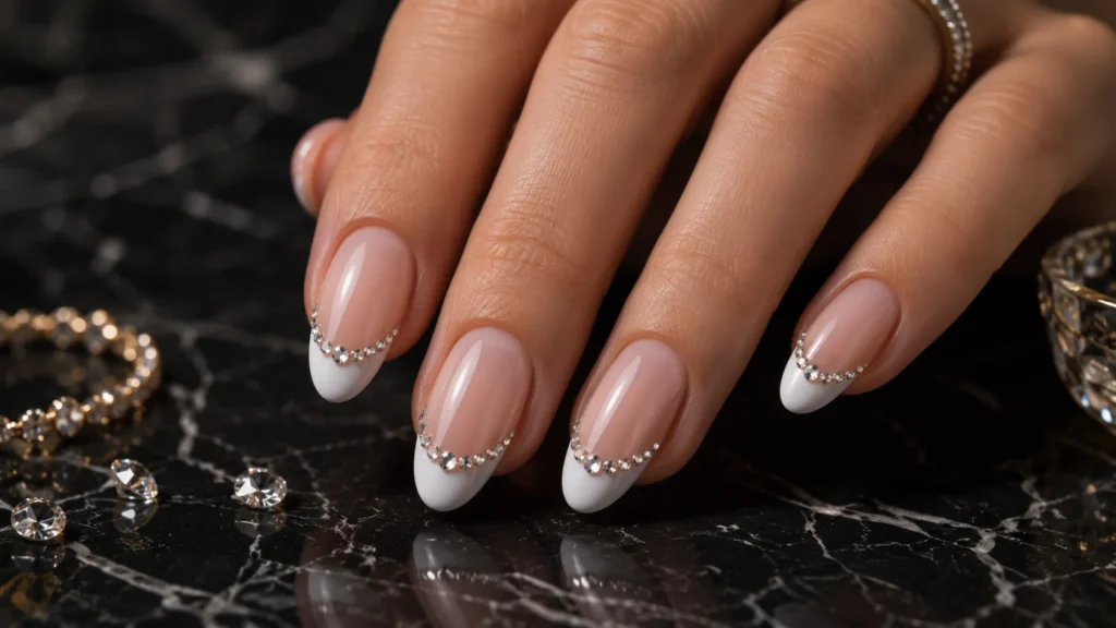 white french tip nails with rhinestones crystals bling