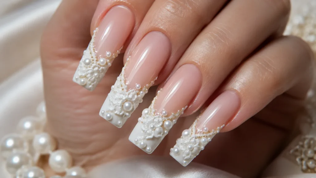 3D white french tip nails sculptured flowers pearls