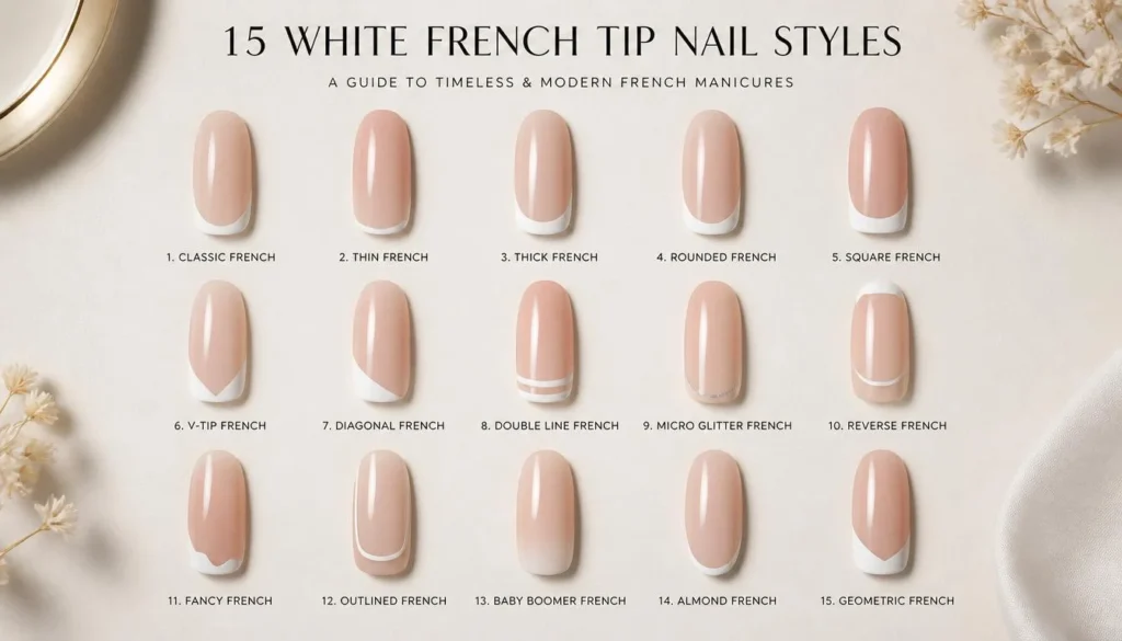comparison of 15 white french tip nail styles 2026