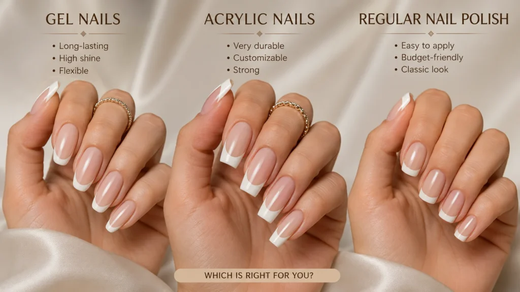 gel vs acrylic vs regular polish white french tip nails comparison