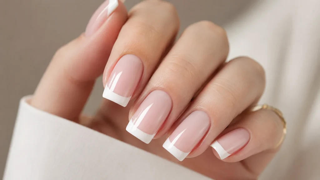 classic white french tip nails on square shaped nails