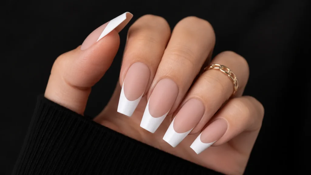chunky bold white french tip nails coffin shape