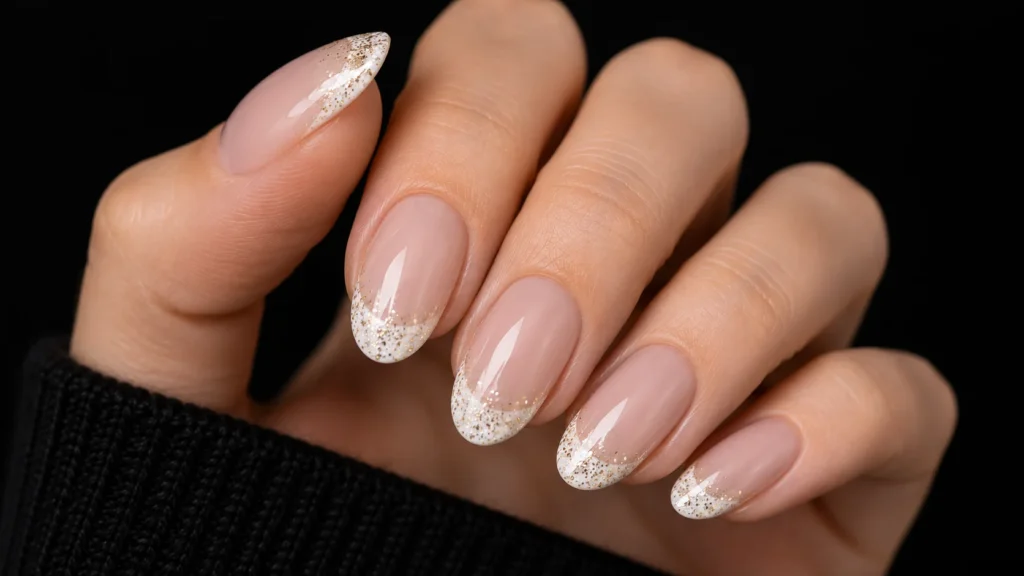 white french tip nails with silver glitter festive look