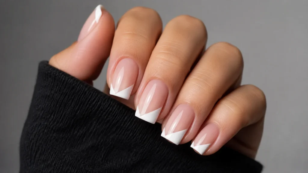 geometric white french tip nails angular design
