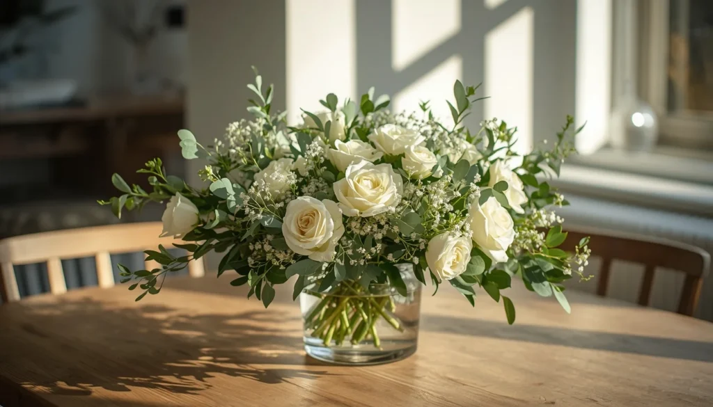 fresh floral centerpiece for dining room table ideas with white roses and eucalyptus in glass vase