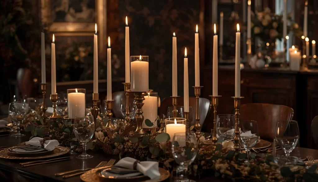 candle cluster centerpiece for dining room table ideas with gold holders and eucalyptus
