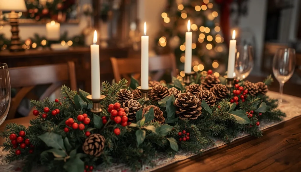 seasonal holiday centerpiece for dining room table ideas with pine cones candles and christmas wreath