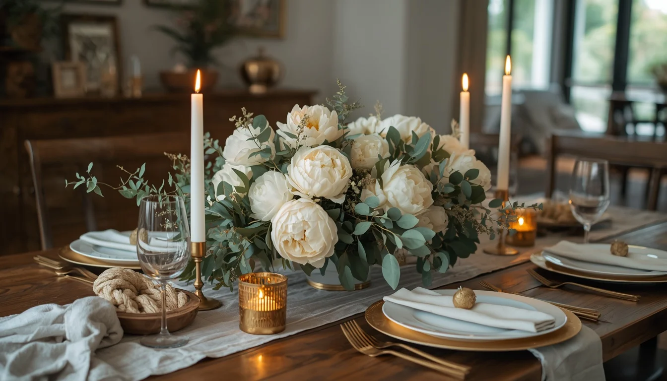 centerpieces for dining room table ideas — elegant floral and candle arrangement on wooden dining table 2026