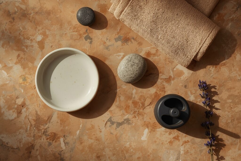 japandi bathroom accessories 2026 handmade ceramic linen towel wabi-sabi flat lay