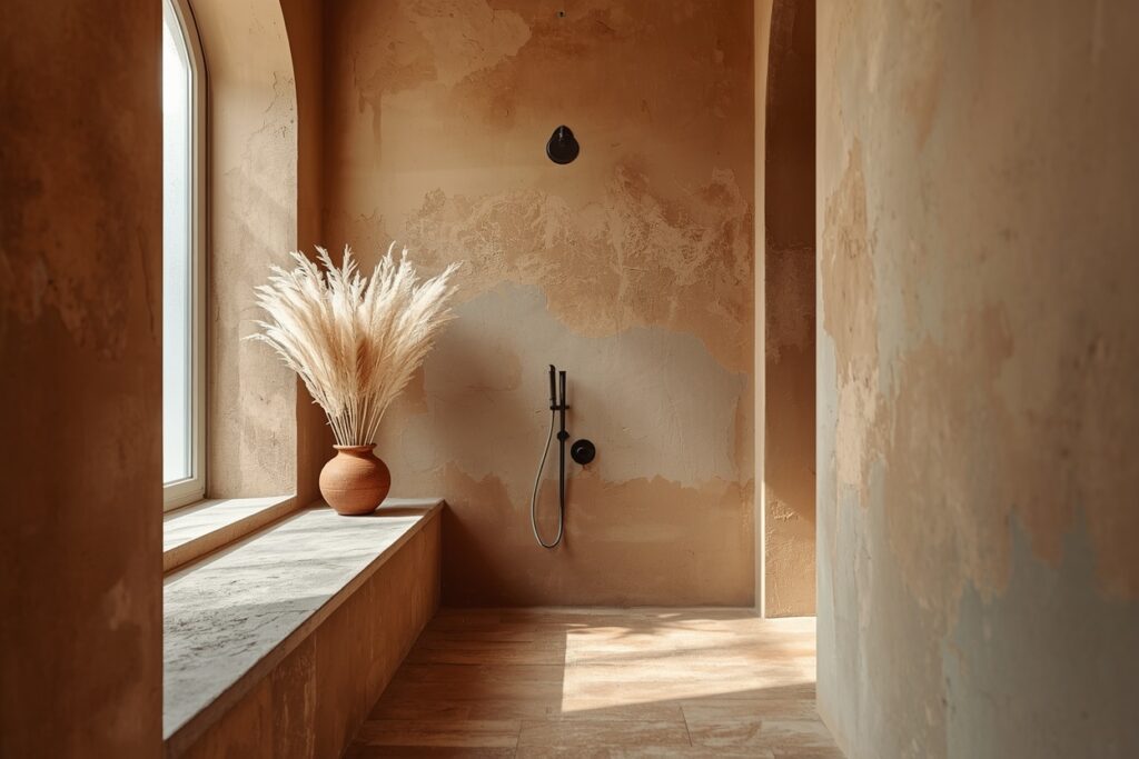 japandi bathroom ideas 2026 wabi-sabi plaster textured walls in greige and sand tones