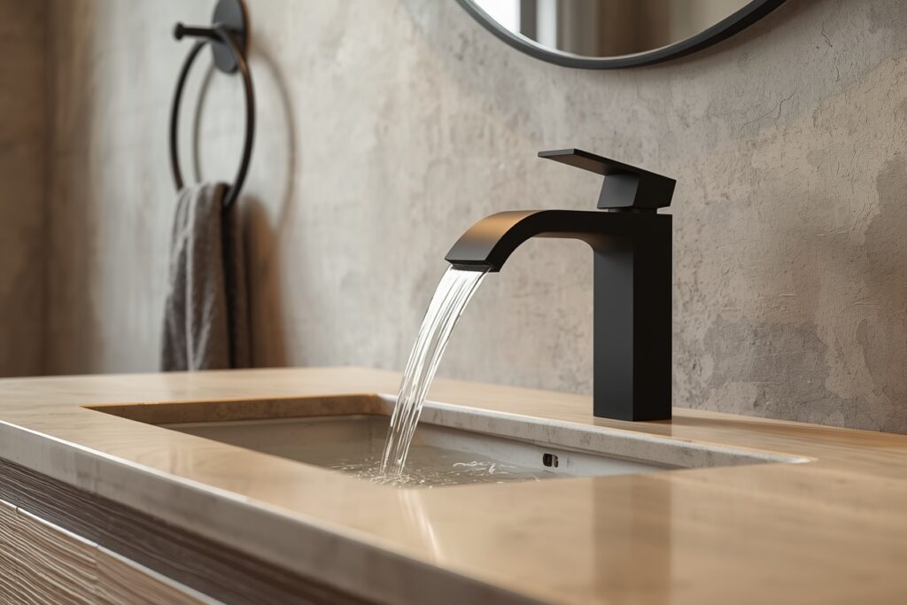 japandi bathroom matte black fixtures organic curved tap 2026 minimalist design