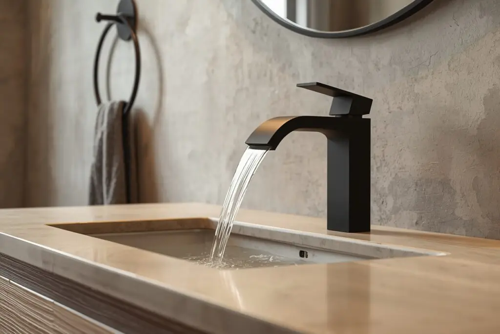  japandi bathroom matte black fixtures organic curved tap 2026 minimalist design