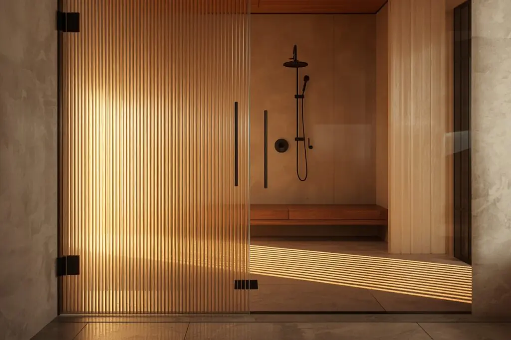  japandi bathroom fluted glass shower screen ribbed texture 2026 minimalist