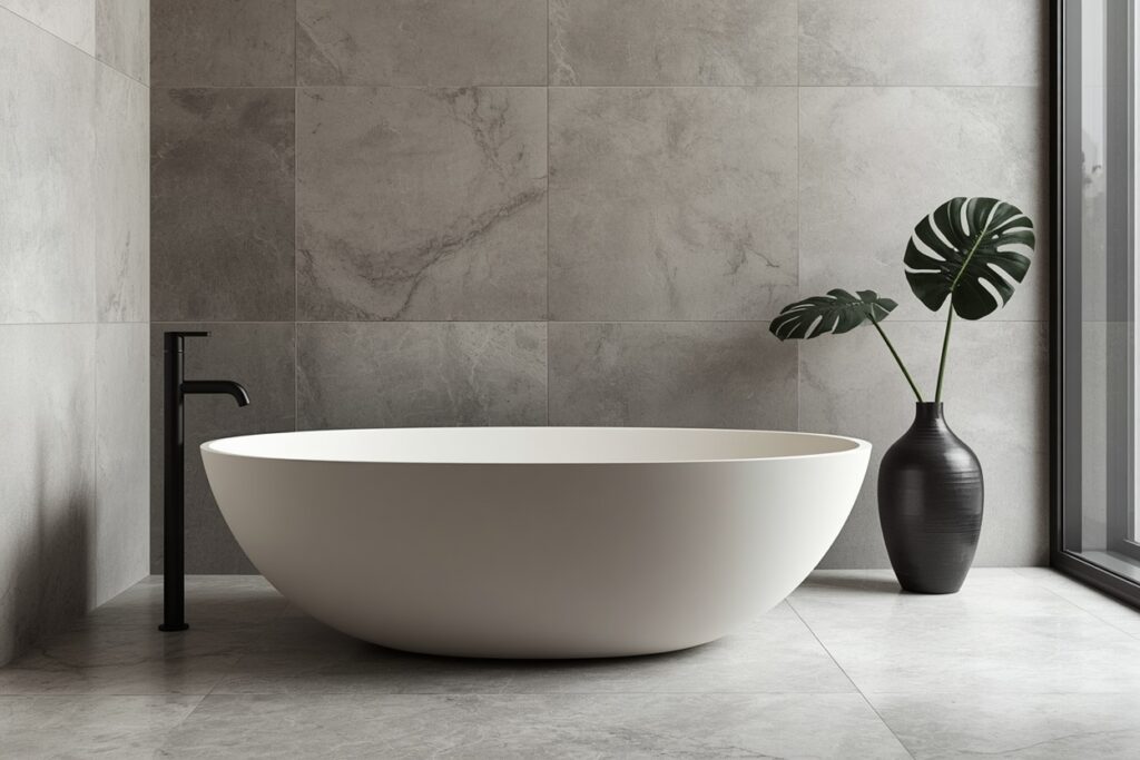 japandi bathroom sculptural freestanding bathtub oval stone resin matte 2026