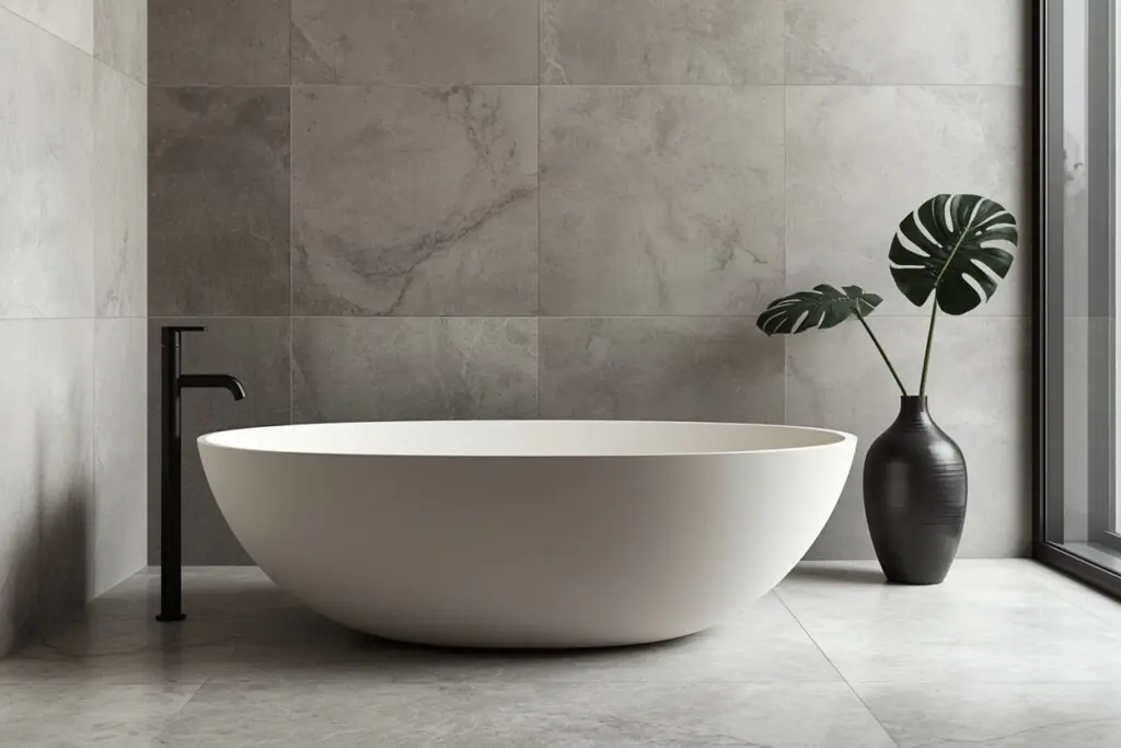  japandi bathroom sculptural freestanding bathtub oval stone resin matte 2026