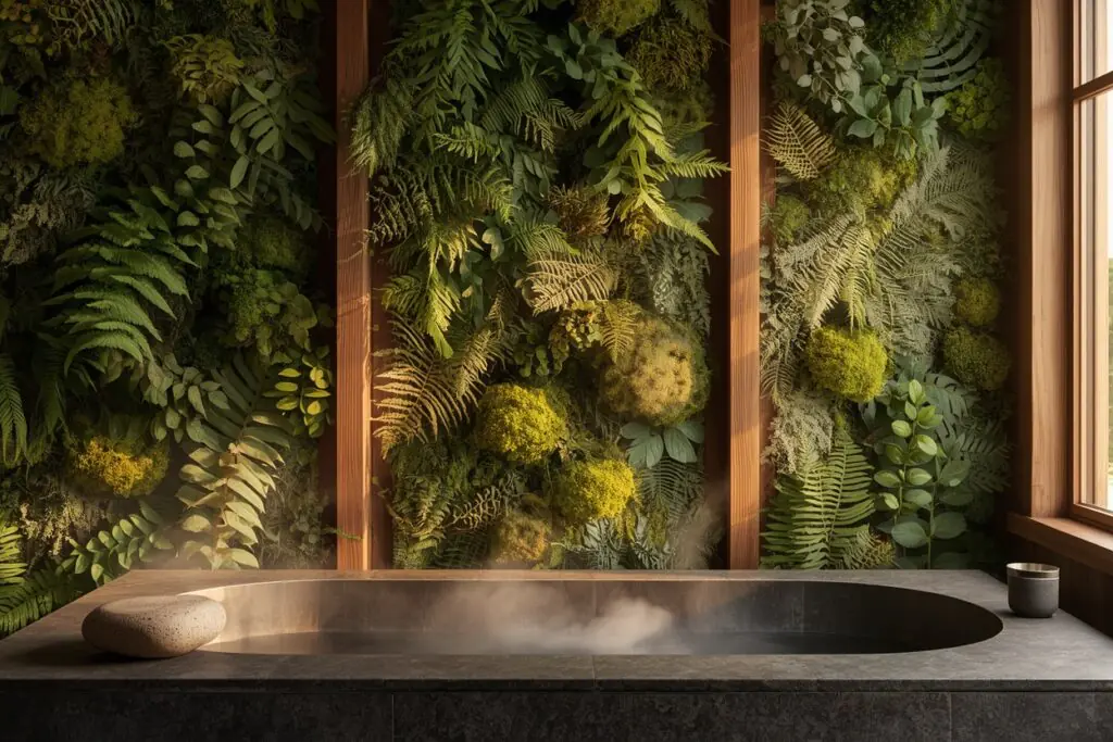  japandi bathroom ideas 2026 preserved moss wall panel green botanicals soaking tub forest