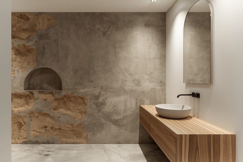 japandi bathroom exposed concrete accent wall 2026 urban wabi-sabi minimal