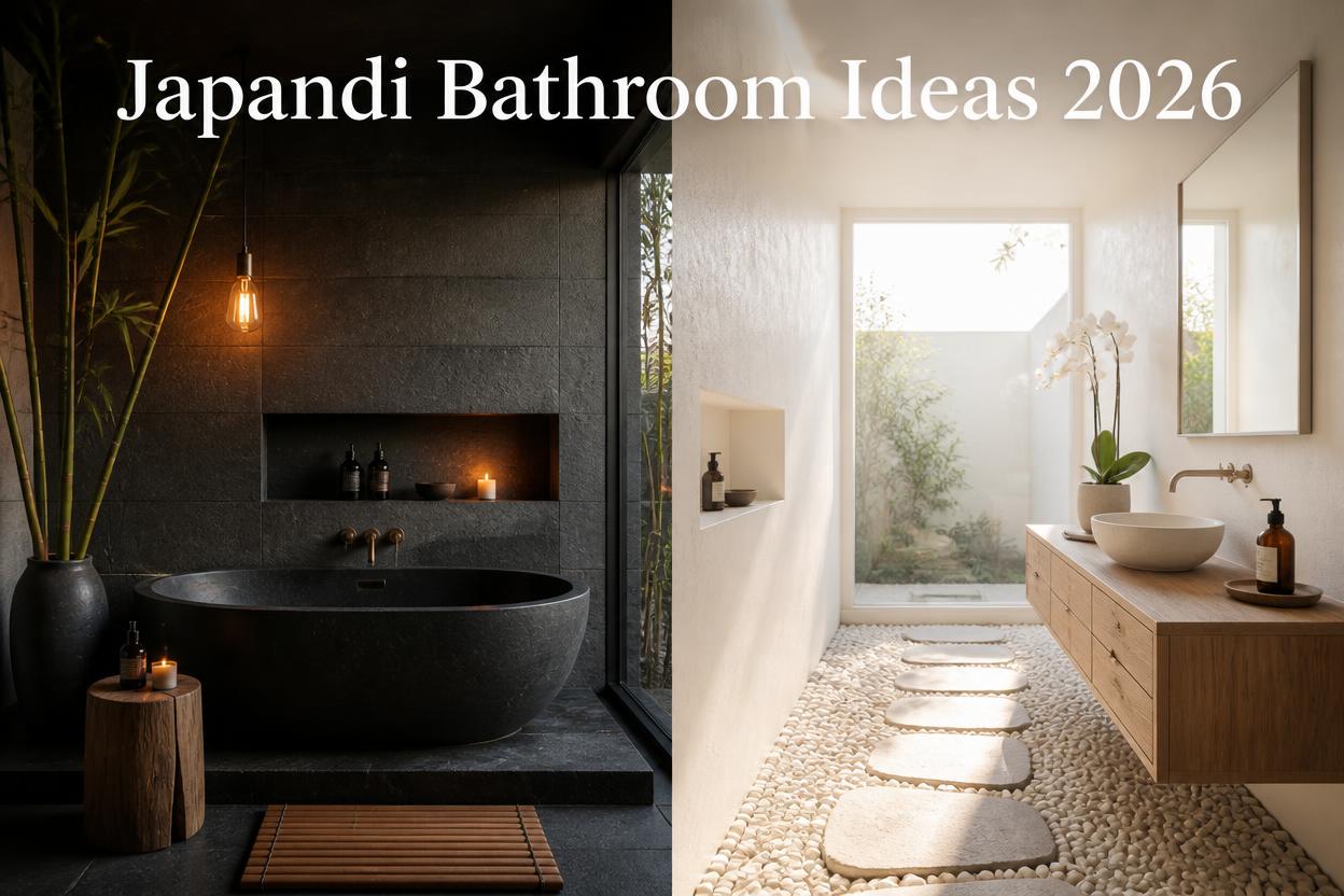 japandi bathroom ideas 2026 featured image split screen dark and light design