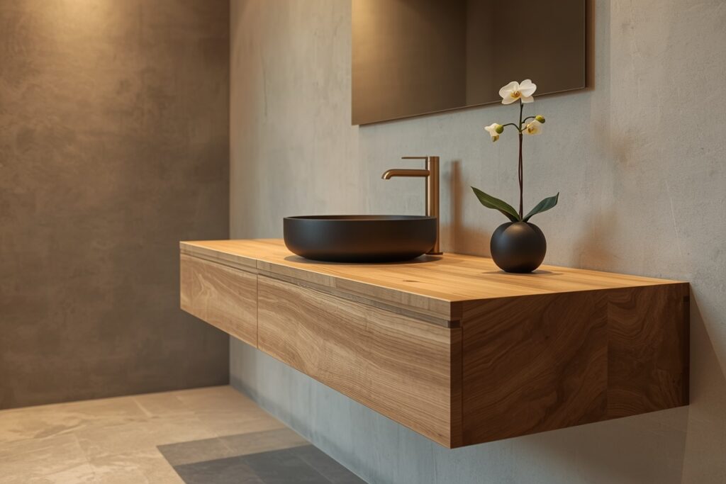 japandi bathroom ideas 2026 floating timber vanity white oak integrated sink matte black tap