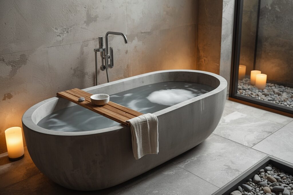 japandi bathroom ideas 2026 Japanese soaking tub ofuro style deep freestanding bathtub zen