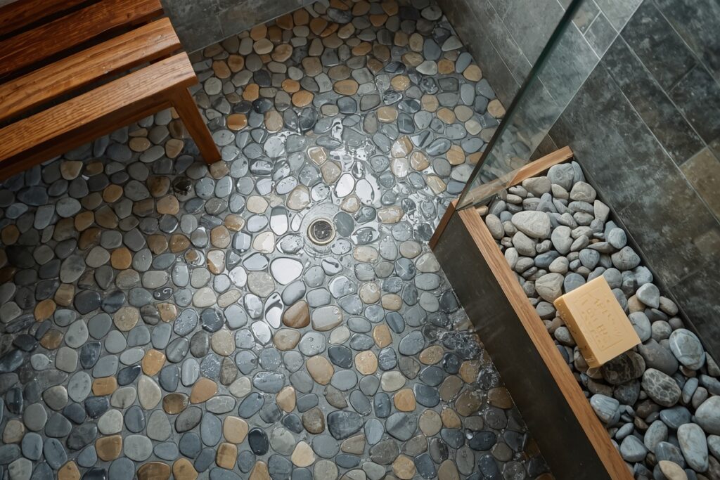 japandi bathroom pebble shower floor river stone mosaic tiles 2026 wabi-sabi texture