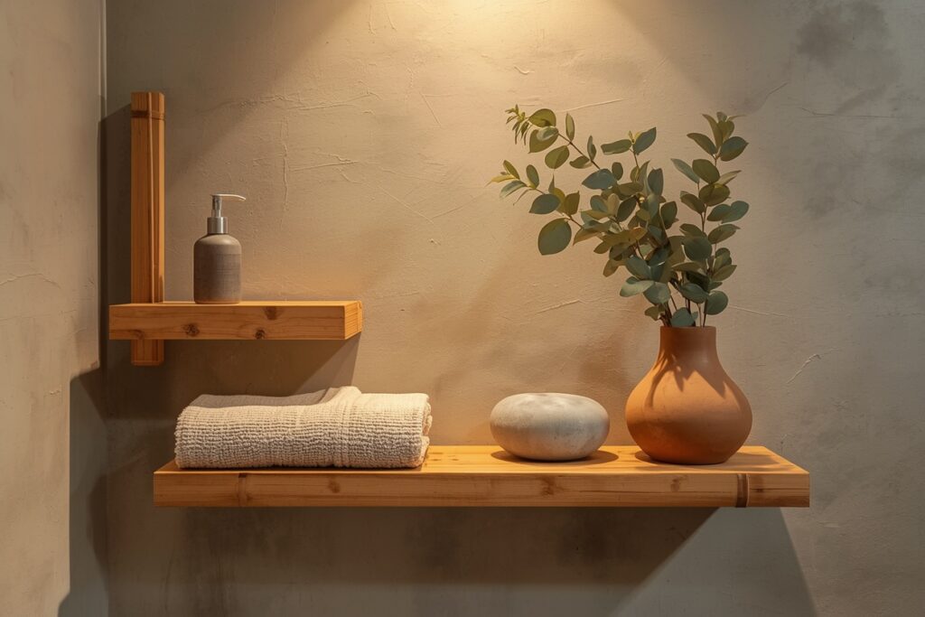 japandi bathroom ideas 2026 bamboo floating shelf ceramic accessories linen towel eucalyptus