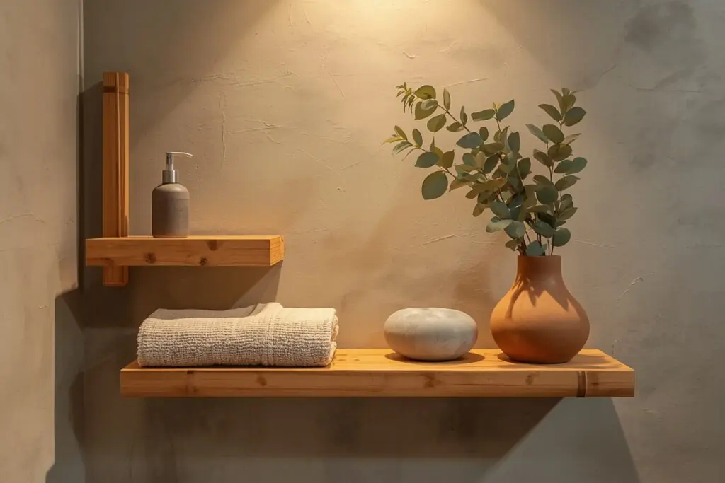 japandi bathroom ideas 2026 bamboo floating shelf ceramic accessories linen towel eucalyptus