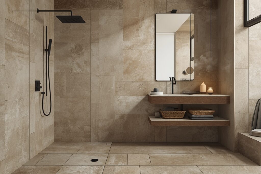 japandi bathroom 2026 floor to ceiling greige stone tiles large format minimal