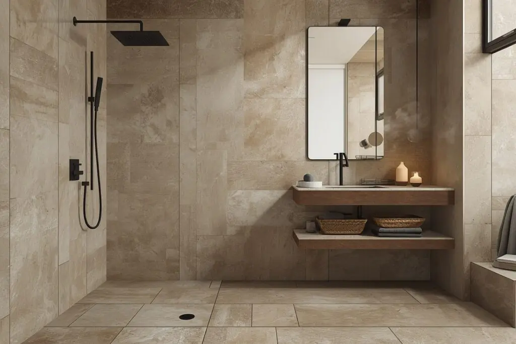  japandi bathroom 2026 floor to ceiling greige stone tiles large format minimal