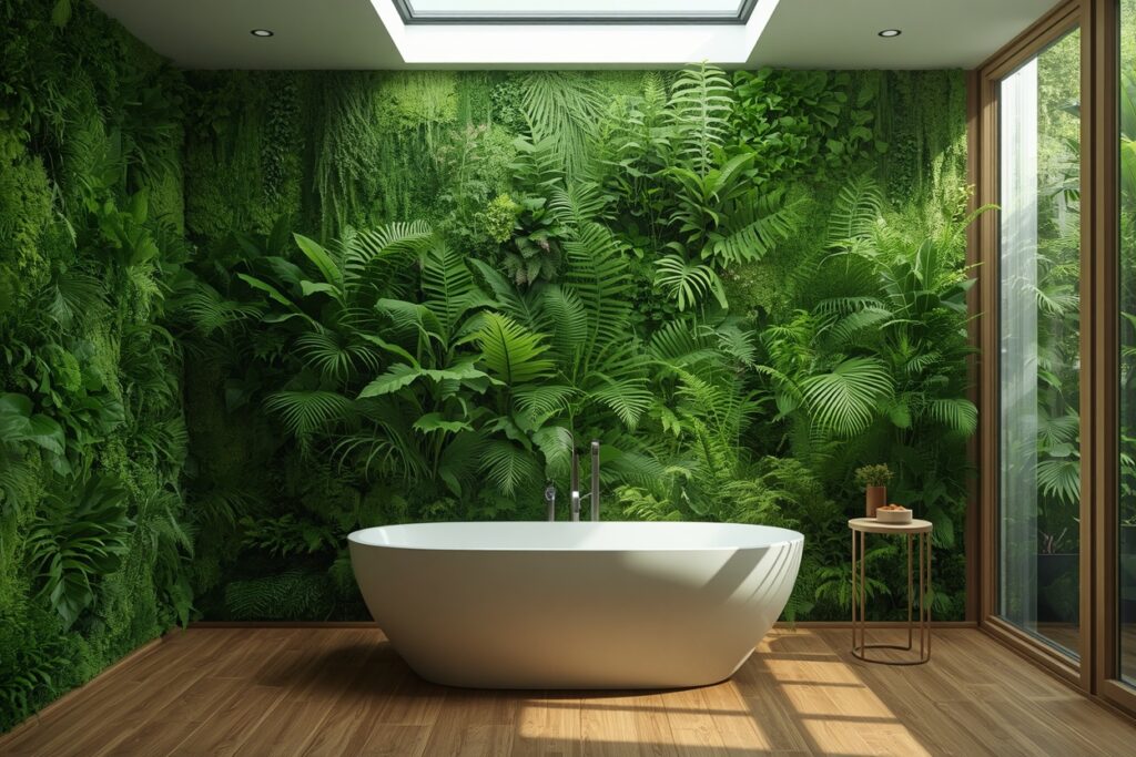 japandi bathroom ideas 2026 biophilic living plant wall moss fern soaking tub