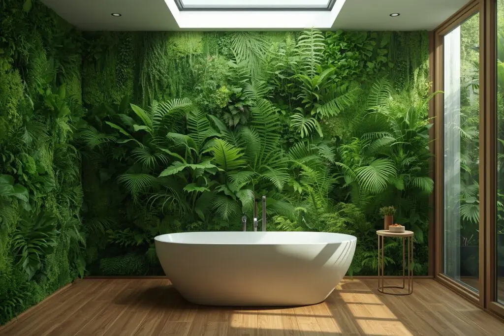  japandi bathroom ideas 2026 biophilic living plant wall moss fern soaking tub 