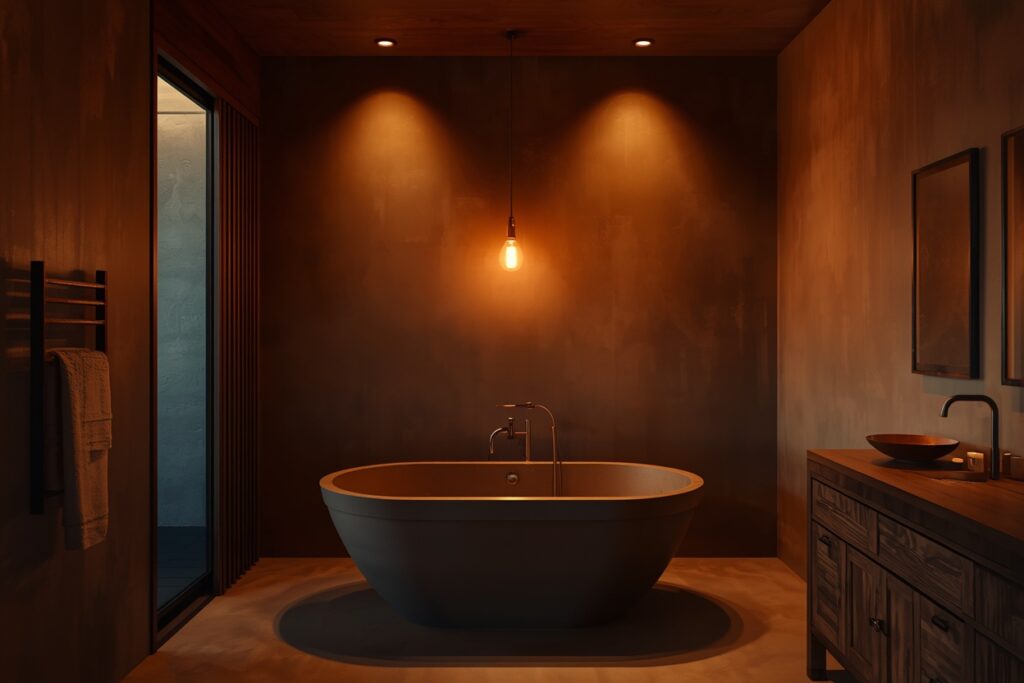 japandi bathroom lighting ideas 2026 warm ambient Edison pendant recessed moody glow