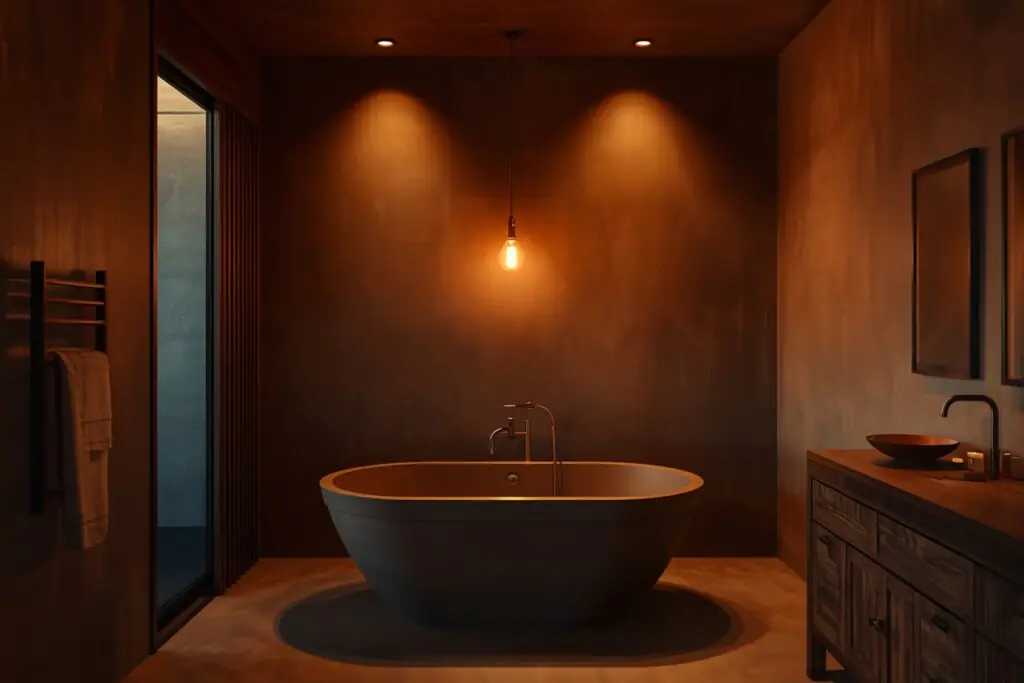 japandi bathroom lighting ideas 2026 warm ambient Edison pendant recessed moody glow 