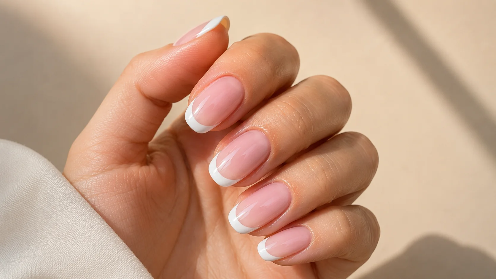 White pink nails design featuring soft milky pink base with crisp white French tips