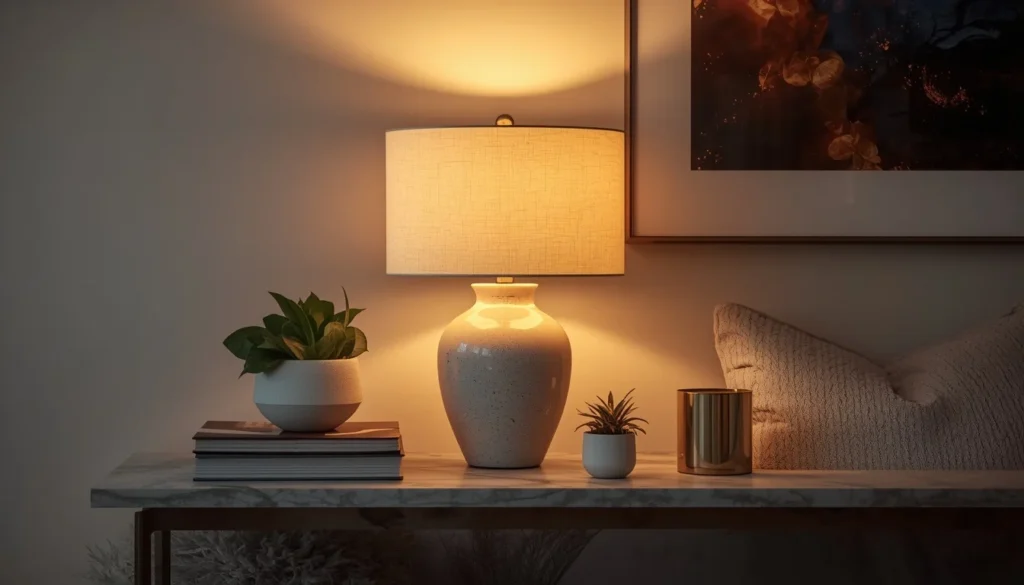 Console table lamp filling a dead zone, a practical living room lighting idea