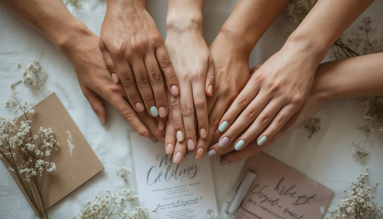 Nail ideas for bridesmaids shown in soft pastel colors on a wedding table